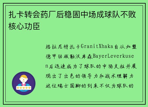 扎卡转会药厂后稳固中场成球队不败核心功臣 扎卡转会药厂后稳固中场成球队不败核心功臣